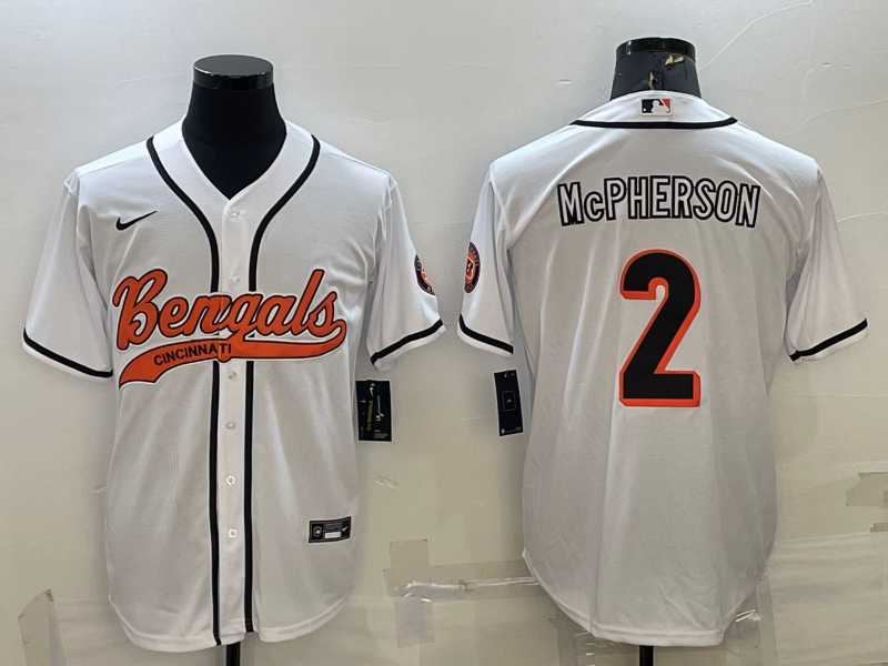 Men%27s Cincinnati Bengals #2 Evan McPherson White With Patch Cool Base Stitched Baseball Jersey